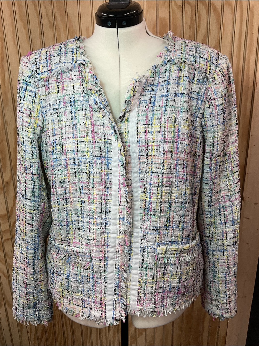 Worthington Multicolor Pastel Tweed Fringed Open-Front Jacket
